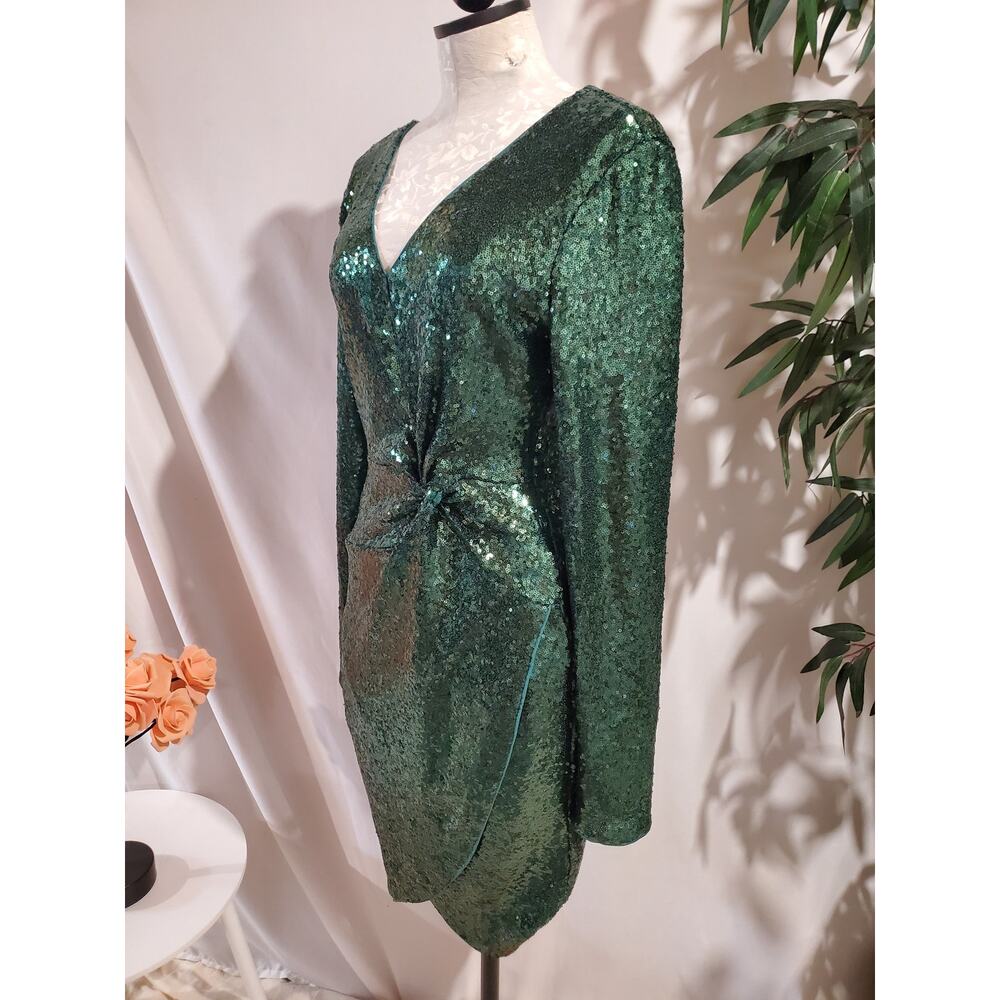 Guess Sequin Faux Wrap Twist V-Neck Long Sleeve Bodycon Dress Sz 8 Emerald Green - Picture 2 of 12